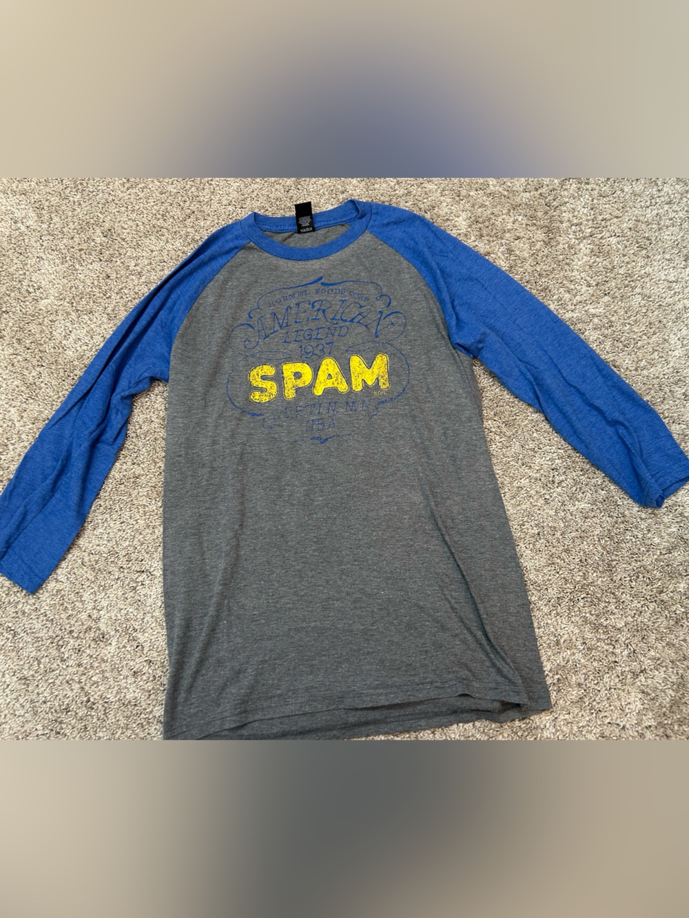 Vintage Style SPAM Hormel Foods Raglan Graphic T-Shirt Blue Gray Long Sleeve XS